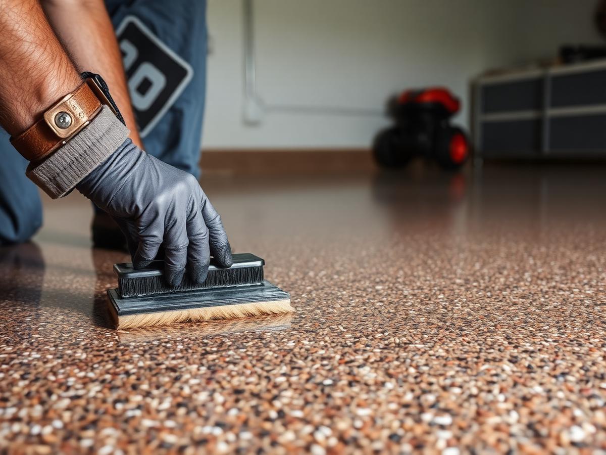 Contractor troweling a clear topcoat over a decorative chip broadcast on a garage floor