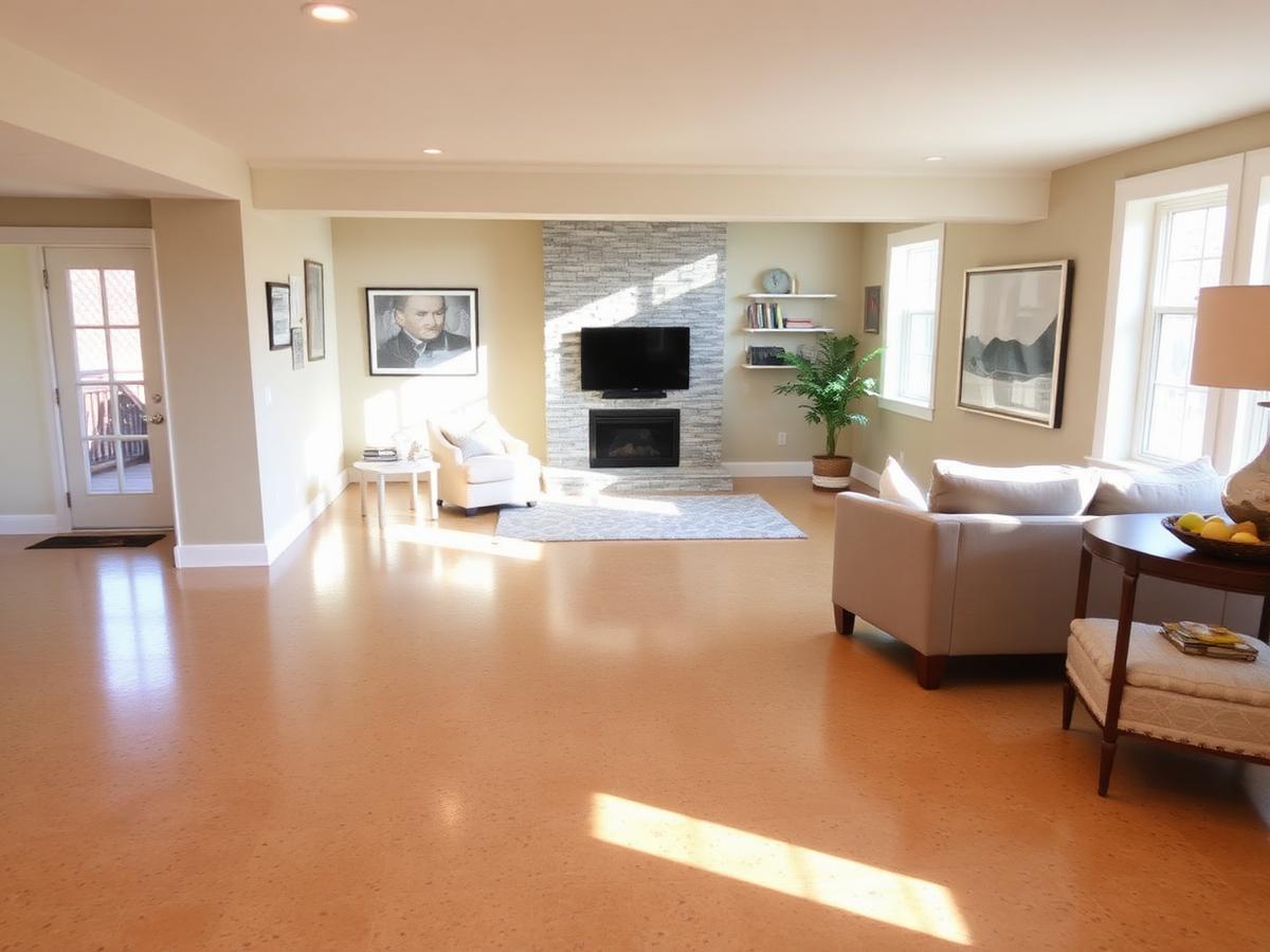 Walkout basement floor coated in warm tan polyaspartic with decorative chip